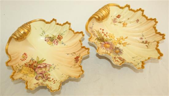 A pair of Royal Worcester blush ivory shell shaped dishes, c.1894/5, 23.5cm, one re-stuck
